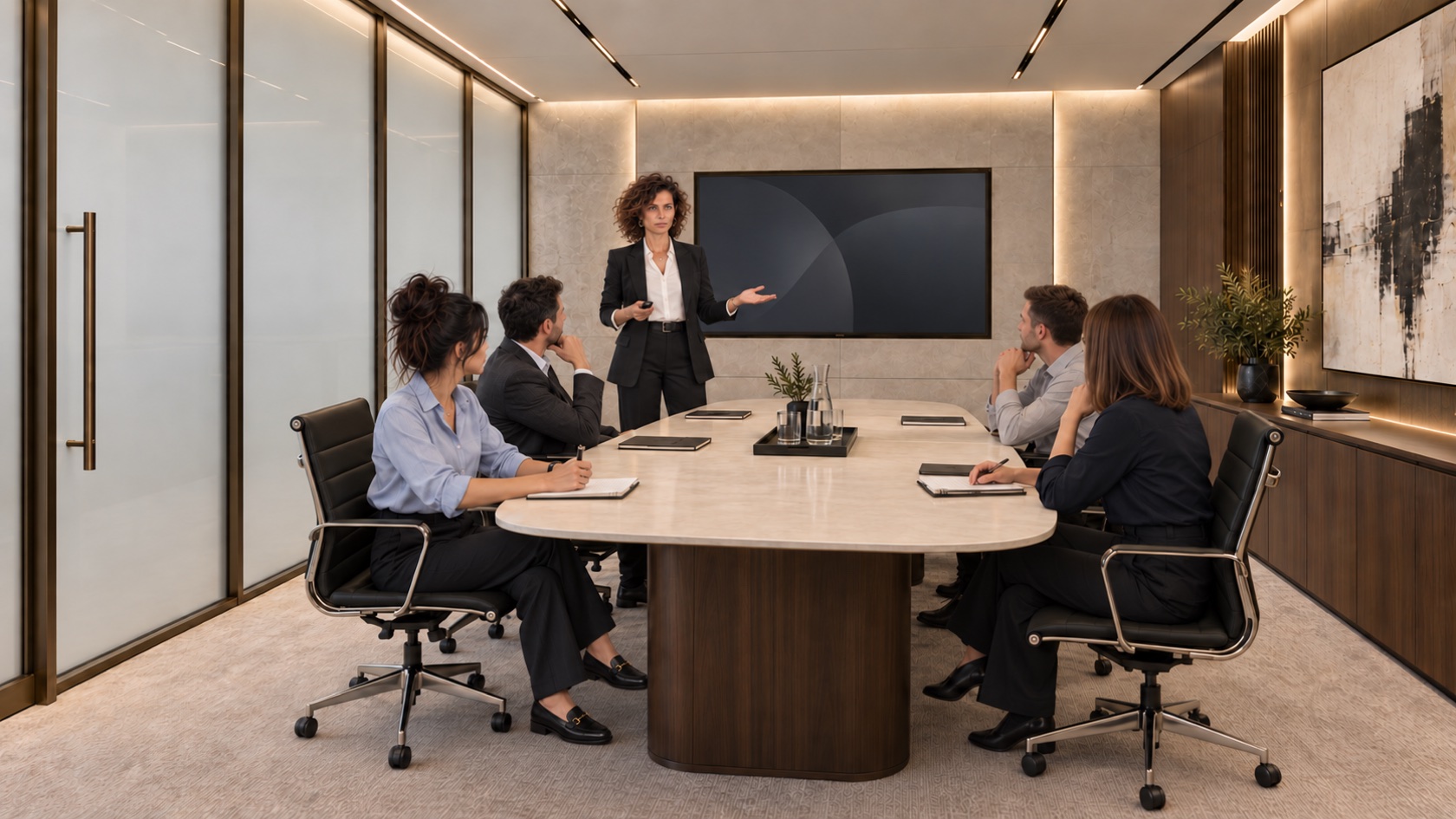 The same two campaign characters in a meeting with their colleagues